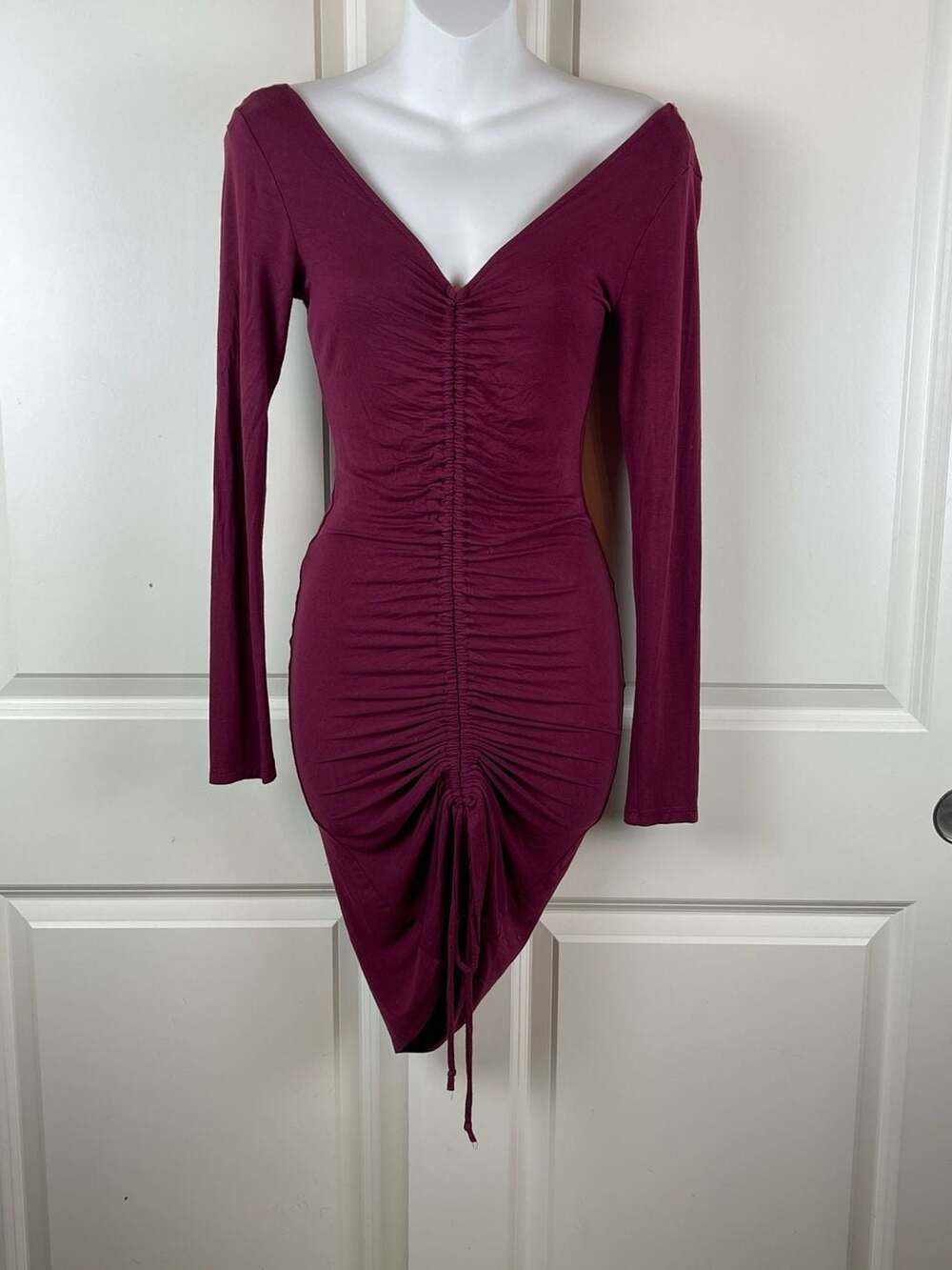 Fashion Nova Hong Kong Ruched Dress Size S Wine Burgundy Long Sleeve